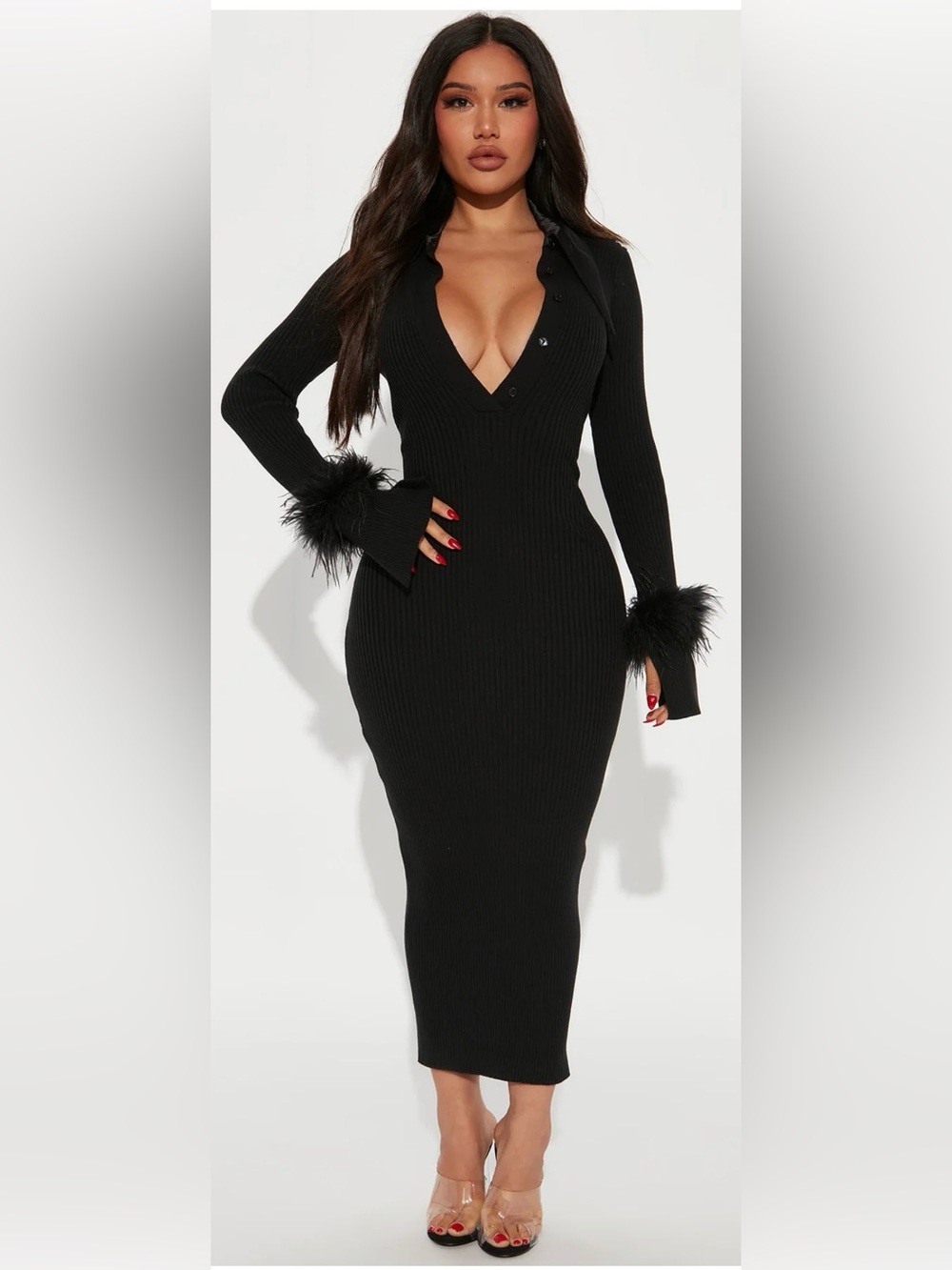 Fashion Nova Raelynn Black Ribbed Knit Dress Midi Dress with Feather Cuffs